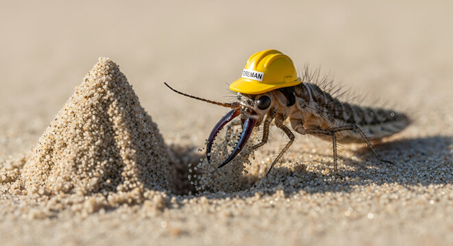 Antlion larva wearing a yellow construction hat building a sand pit trap on a bright sandy beach in natural light showcasing entomology