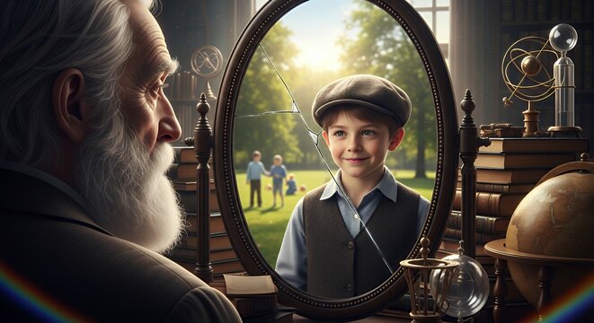 A mirror reflection of an old man showing a young boy, a theme of temporal paradox