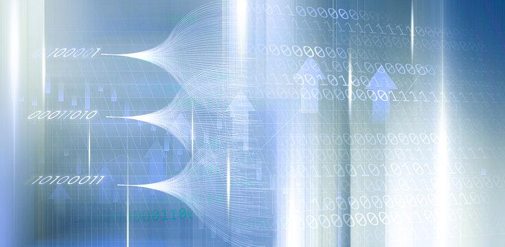 A futuristic digital landscape unfolds in layers of flowing data streams and binary codes, where glowing arrows rise through a transparent grid, symbolizing growth, innovation