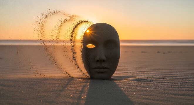 A minimalist sculpture of a face made of sand, slowly being blown away