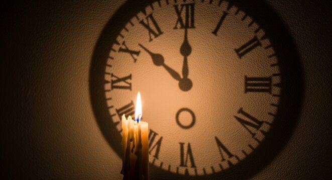A single candle burning down, its shadow forming a ticking clock on the wall