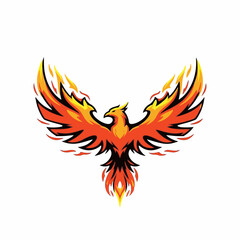 Fototapeta premium A vibrant phoenix rises majestically with wings spread wide in fiery splendor.