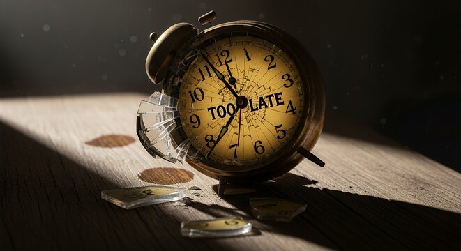 Shattered vintage alarm clock on a wooden nightstand, the glass face cracked with the words "TOO LATE" clearly visible on the dial, cinematic lighting