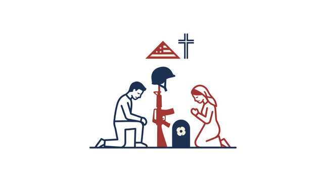 Praying Figures Surround Soldier Memorial with Religious and Illuminati Symbols