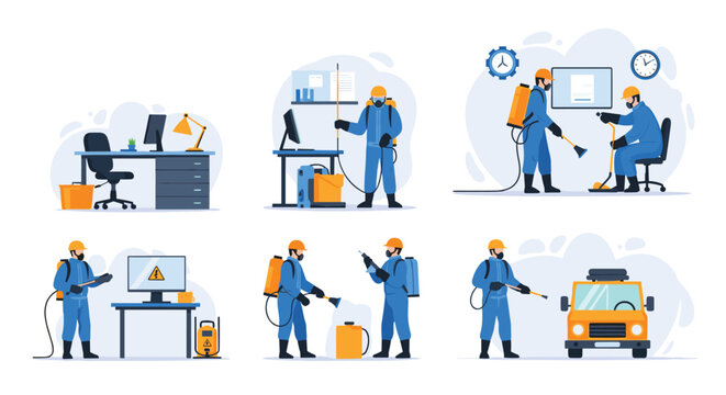 Scenes showing workers in protective blue suits performing cleaning and disinfection services in offices and around vehicles.
