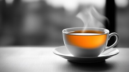 Obraz premium Steaming cup of tea, warm amber liquid