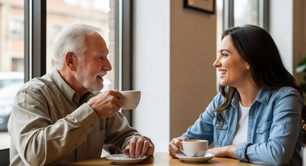 Fototapeta premium Intergenerational Connection Over Coffee in Bright Cafe