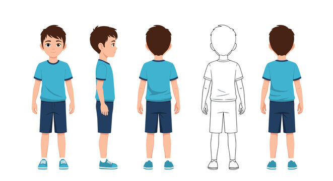 Character design reference showing a young boy in a blue shirt and shorts from different angles including front and back views.