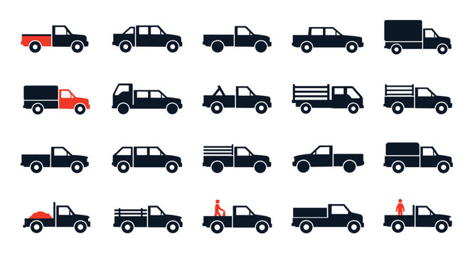 Large set of black and white truck and pickup icons showing various body styles and configurations for transport and logistics.