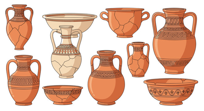 Assortment of ancient Greek pottery including amphorae and bowls with traditional geometric patterns and orange clay finish.