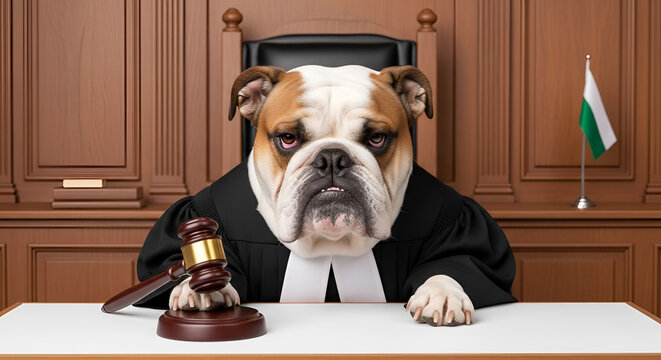 Bulldog presiding in court wearing judge robe with gavel on desk and national flag against wood panel background