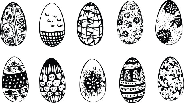 Hand drawn easter eggs with ornate patterns and line art doodles on a transparent background.