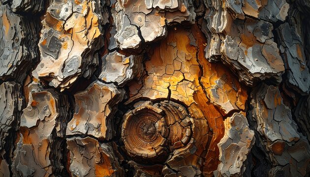 A close-up of a tree's bark with a knothole and rugged texture