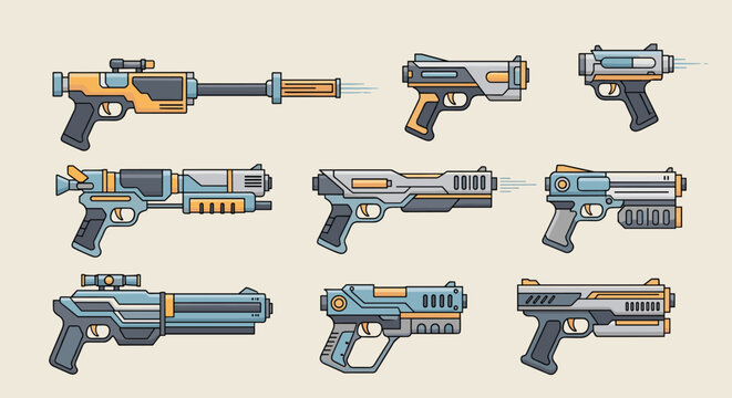Selection of futuristic sci-fi blaster weapon designs in a stylized video game asset illustration format for digital artists.