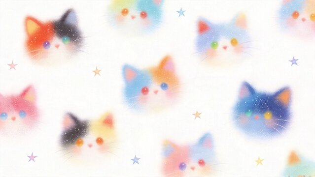 Cute Colorful Cat Faces Pattern with Soft Pastel Blur and Playful Style