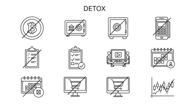 Digital Detox Concept Icons of No Bitcoin No Bank No Phone No Shopping and No Tasks