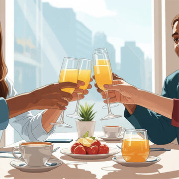 Vector illustration of diverse friends toasting with champagne flutes of orange juice or mimosas at a brunch table featuring coffee, strawberries, and city views.