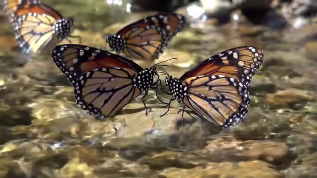 Monarch Butterflies Gather on Rocks in Shallow Water
