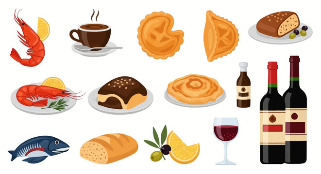 Collection of Mediterranean food and drink icons on white background including shrimp, coffee, fish, bread, savory pastries, red wine bottles, wine glass, olives, and chocolate cake.
