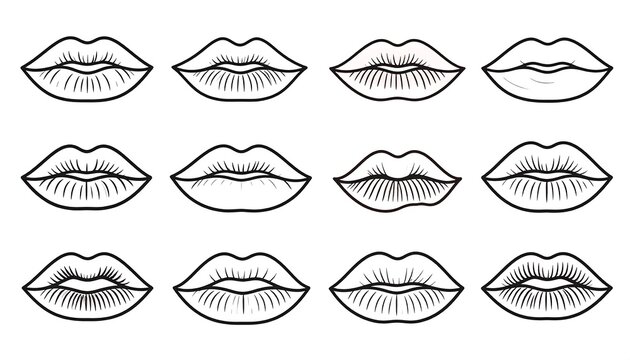 A collection of stylized, black and white lip illustrations, varying in shape and detail, arranged in rows
