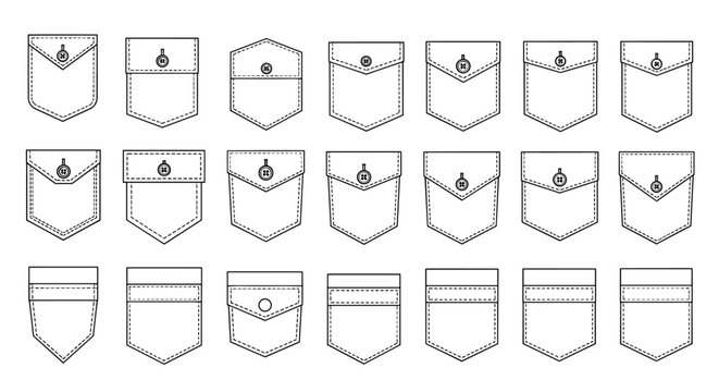 Detailed line art collection of different clothing pocket styles and designs including flaps buttons and stitching details.