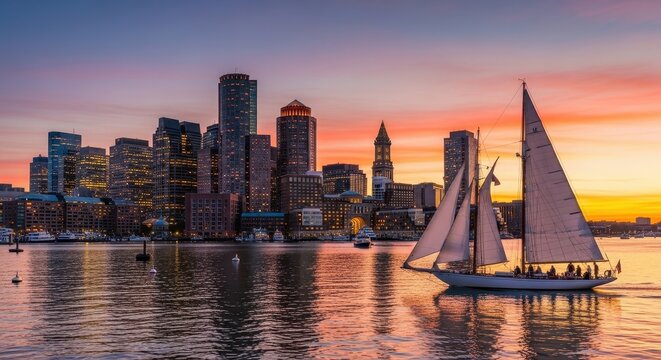 Boston Skyline at Sunset with Sailboat on Water.