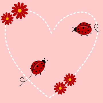 A dotted heart frame with ladybugs and red flowers in the corners.