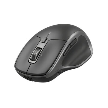 Wireless black ergonomic computer mouse with scroll wheel and buttons isolated on transparent background