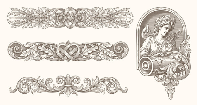 Vintage Victorian ornamental frame with detailed floral engraving, baroque scrollwork border, filigree leaf elements, classic heraldic design
