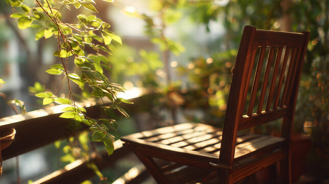 Wooden chair sits on a balcony filled with plants in the afternoon light of a sunny day