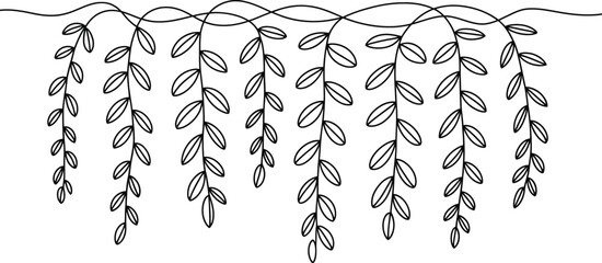 Continuous line hanging leaves vector illustration featuring botanical vine branches in minimal single stroke style for nature decorative design © Mstsirin