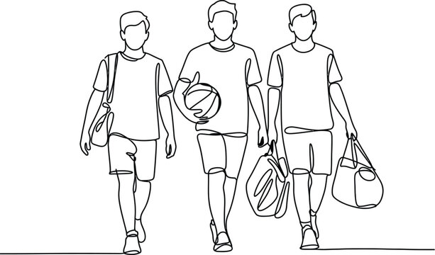 Continuous line men walking vector illustration featuring group carrying sports gear in minimal single stroke style for activity concept