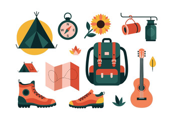 Flat Vector Camping Gear and Outdoor Adventure Icon Set - Hiking Equipment, Backpack, Tent, Compass, and Map Illustrations © tikasusy