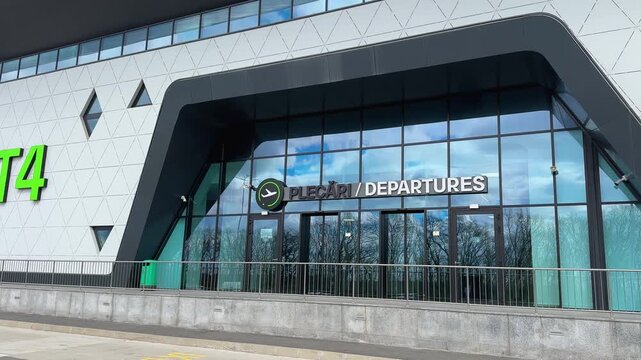 Exterior view of the departures entrance T4 at Iași International Airport, Romania