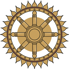 Obraz premium Dharma Wheel with sunburst backdrop symbolizing Buddhist teachings and enlightenment