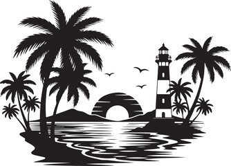 Obraz premium Tropical island, lighthouse, palm trees, black silhouette, vector illustration, beach scene, sunset