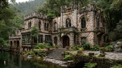 Fototapeta premium Abandoned castle interior bathed in soft natural light streaming through large floor to ceiling windows and expansive glass walls.