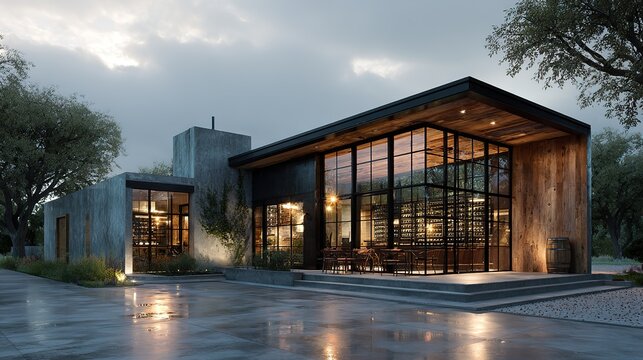 Classic contemporary style winery interior with elegant wooden barrels, modern wine tasting room, rustic stone walls and sleek metal fixtures blending traditional craftsmanship with minimalist design.