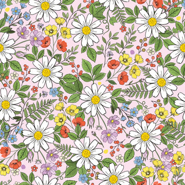 Colorful floral flower and green leaf on pink background seamless pattern