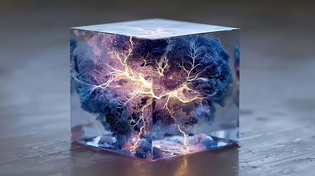 Abstract futuristic neural information cube with glowing algorithms and metaverse data streams, created with generative artificial intelligence