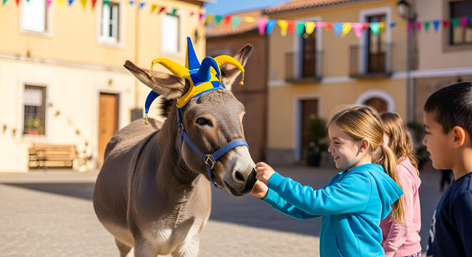 Girl petting a donkey wearing a colorful jester hat in a sunlit rural town square with festive flags and buildings during a cheerful celebration