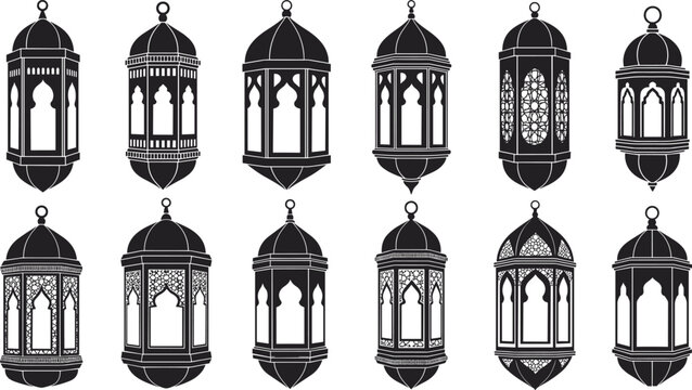 Set of Traditional Arabic Lantern Silhouettes with Intricate Ornamental Details for Ramadan Kareem Eid Mubarak Greeting Cards Islamic Festival Decorations and Cultural Design Projects