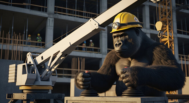 Gorilla operator wearing hardhat controls construction crane; a comical animal worker scene at an urban building site