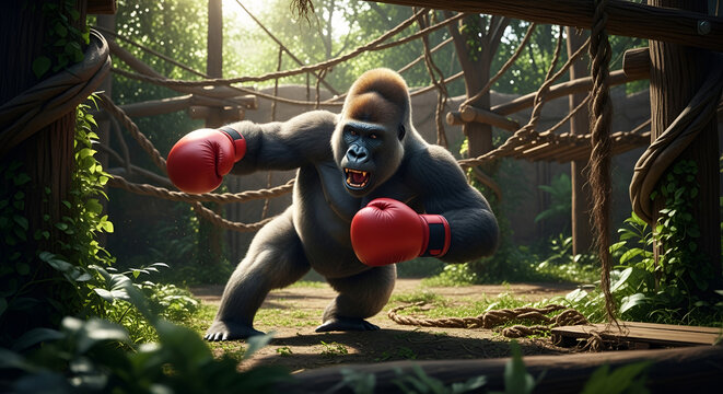 Gorilla with red boxing gloves in attack stance in a jungle ring; fierce wildlife boxer in natural environment