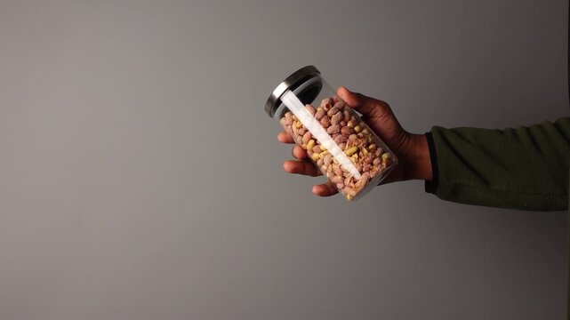 Person holding clear plastic jar filled with salted peanuts in front of dark gray background.