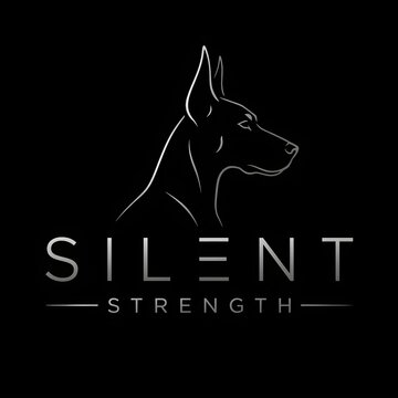 Minimalist Doberman Dog Head Line Art with "Silent Strength" Typography &ndash; Elegant Silver Metallic Logo for Luxury Branding