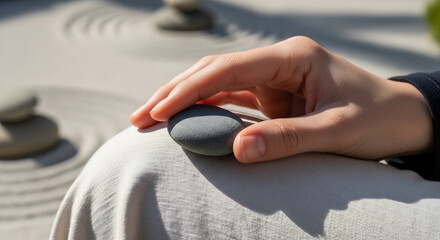 Fototapeta premium Mindfulness Meditation with Smooth River Stone in Hand Close Up