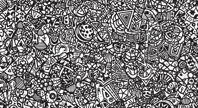Black chaotic maximalist pattern, dense abstract composition, trendy vector