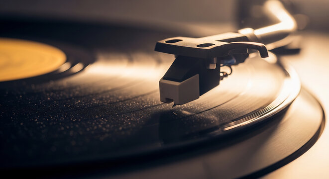 Vintage Record Player Needle on Spinning Vinyl Close Up Photo