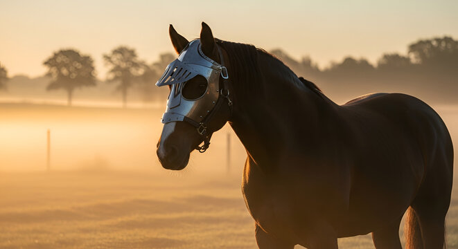 Majestic brown horse wearing medieval style armor on its head in a misty meadow at dawn with glowing light in a captivating outdoor portrait